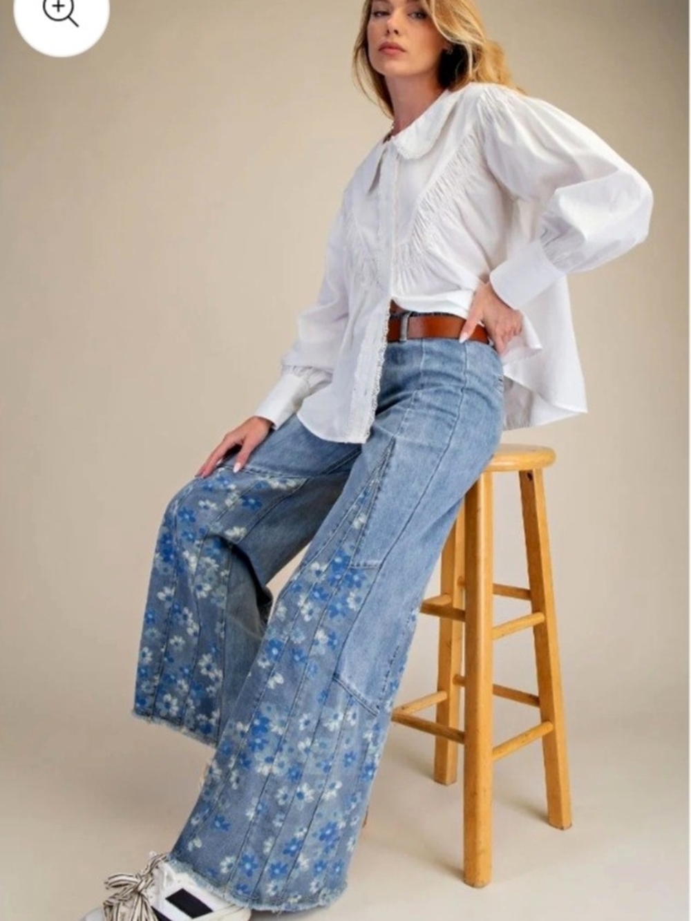 Easel Wide-Leg Floral Panel Jeans - Blue
